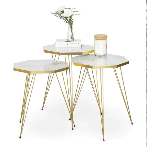 Tigris Set of 3 Octagon Side Tables - White & Gold Marble