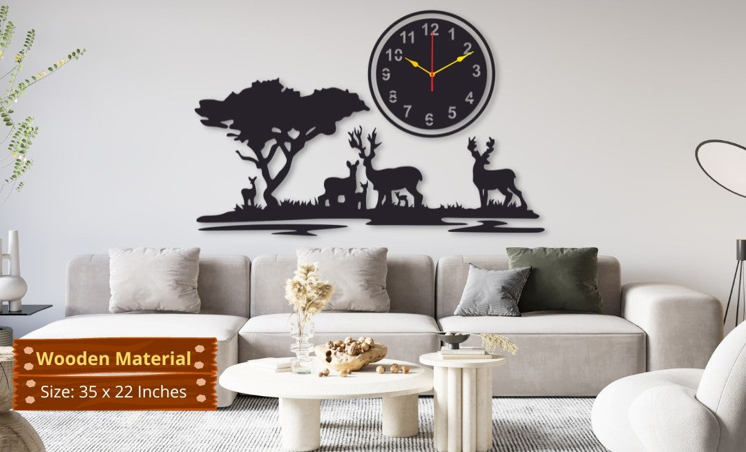 Big Wooden Grazing Deers in Meadows wall clock - WC 102