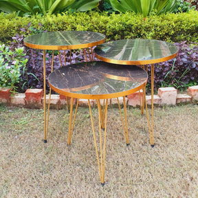 Set of 3 Round Marble Style Table with Golden Border