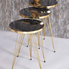 Set of 3 Round Marble Style Table with Golden Border