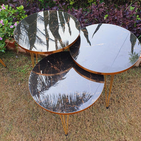 Set of 3 Round Marble Style Table with Golden Border