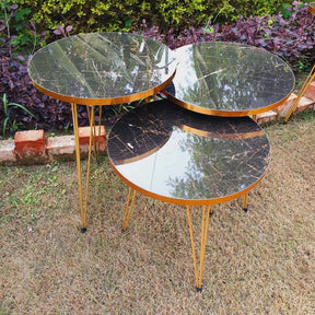 Set of 3 Round Marble Style Table with Golden Border